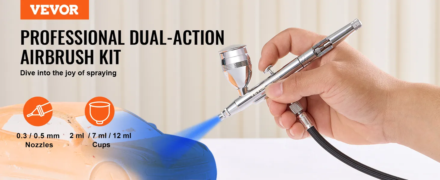 VEVOR airbrush kit with dual-action, 0.3/0.5 mm nozzles, and 2 ml/7 ml/12 ml cups for precision work.