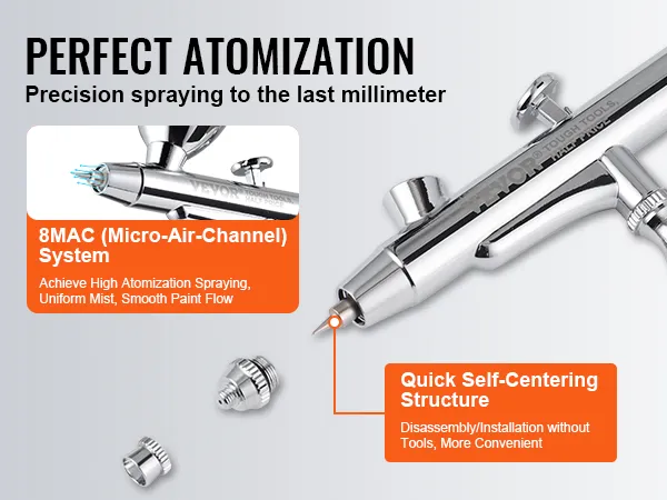 VEVOR airbrush kit with 8mac system for high atomization and quick self-centering structure.
