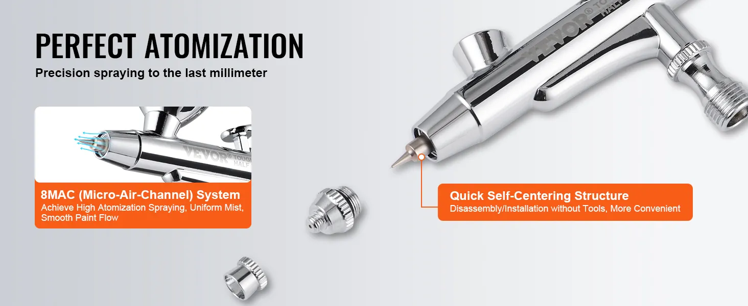 VEVOR airbrush kit with 8mac system for high atomization and quick self-centering structure.