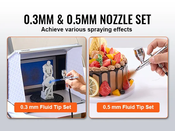 VEVOR airbrush kit with 0.3mm and 0.5mm nozzle sets for precise spraying on models and cakes.
