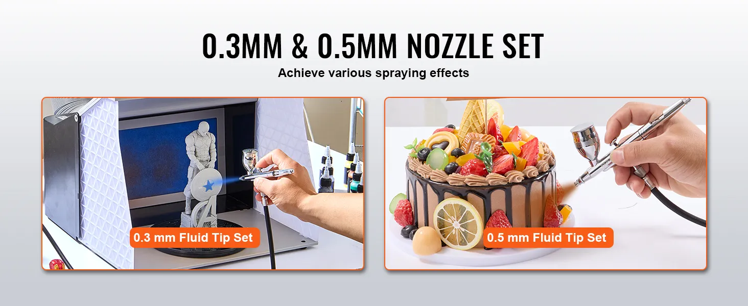 VEVOR airbrush kit with 0.3mm and 0.5mm nozzle sets for precise spraying on models and cakes.