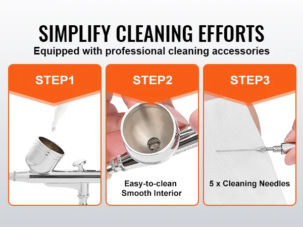 VEVOR airbrush kit cleaning guide: easy-to-clean interior, 5x cleaning needles, simplify cleaning efforts.