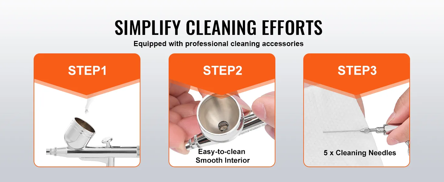 VEVOR airbrush kit cleaning guide: easy-to-clean interior, 5x cleaning needles, simplify cleaning efforts.