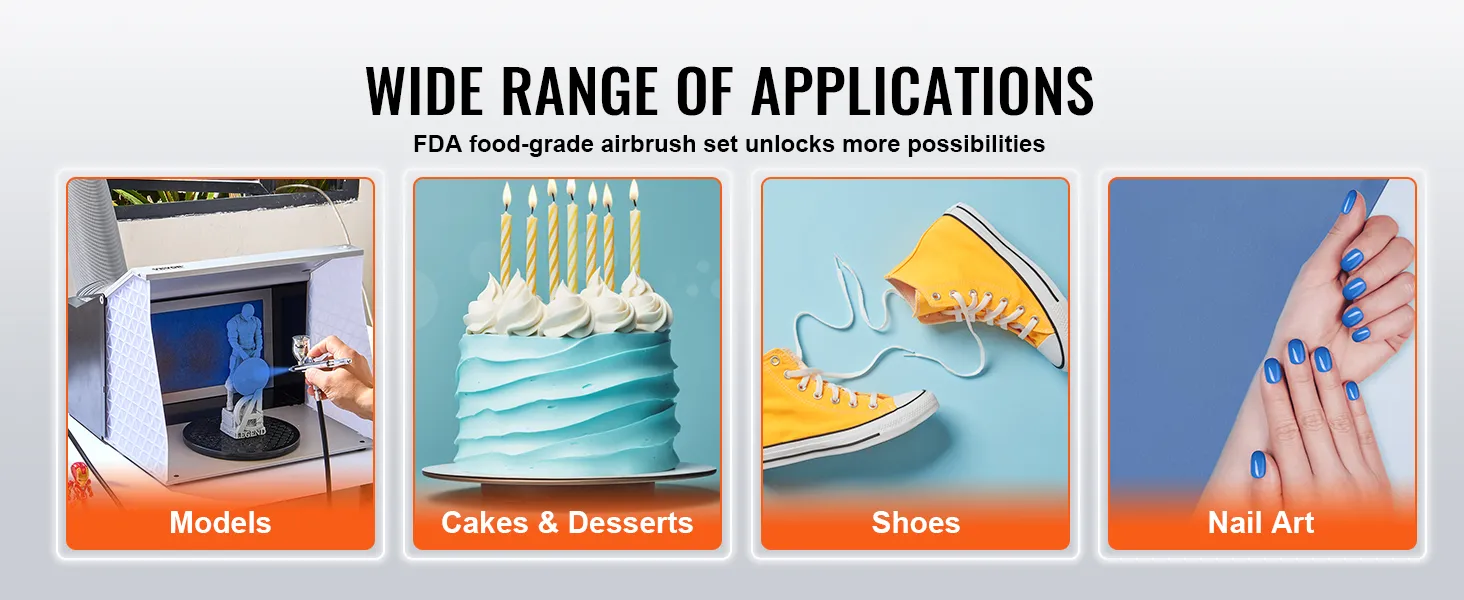 VEVOR airbrush kit applications: painting models, cakes, shoes, and nail art. unlock creative possibilities.