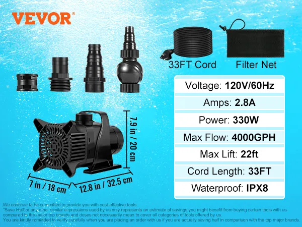 VEVOR submersible water pump with 330w power, 4000gph max flow, 33ft cord, and ipx8 waterproof.