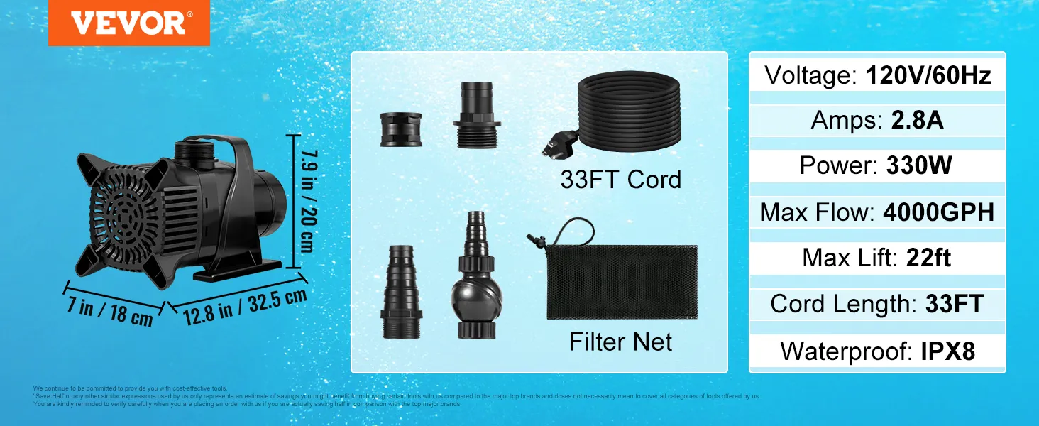 VEVOR submersible water pump with 330w power, 4000gph max flow, 33ft cord, and ipx8 waterproof.
