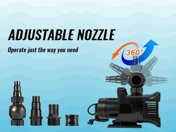 VEVOR submersible water pump with 360° adjustable nozzle and various fitting attachments.