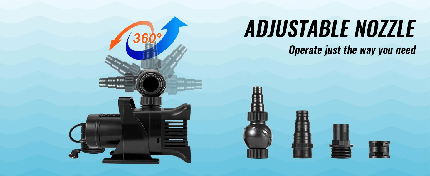 VEVOR submersible water pump with 360° adjustable nozzle and various fitting attachments.