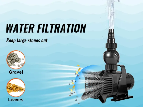 VEVOR submersible water pump filtering water, keeping gravel and leaves out. ideal for water filtration.