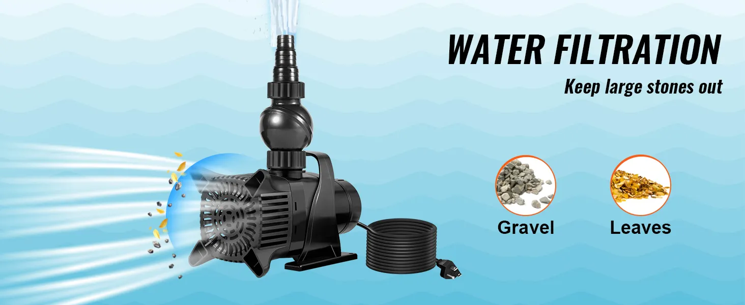 VEVOR submersible water pump filtering water, keeping gravel and leaves out. ideal for water filtration.
