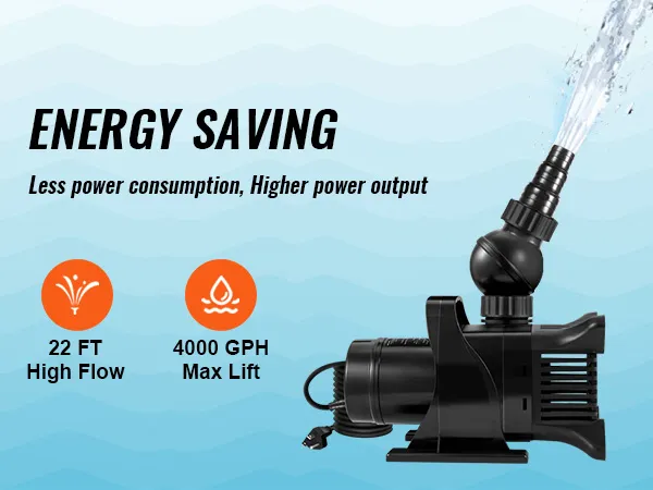 VEVOR submersible water pump, 22 ft high flow, 4000 gph max lift, energy saving, less power consumption.