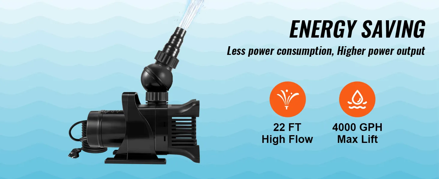 VEVOR submersible water pump, 22 ft high flow, 4000 gph max lift, energy saving, less power consumption.