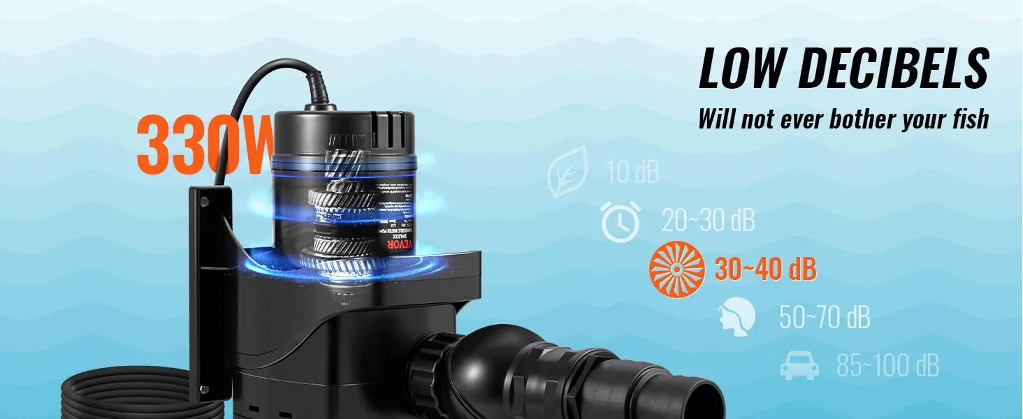 VEVOR submersible water pump, 330w power, low decibel operation ideal for quiet environments.
