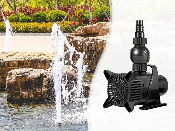 VEVOR submersible water pump with multiple garden fountains and stone structure in a landscaped setting.