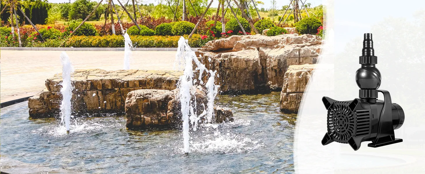 VEVOR submersible water pump with multiple garden fountains and stone structure in a landscaped setting.