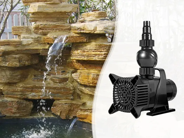 backyard waterfall with rock formation and VEVOR submersible water pump providing continuous flow.