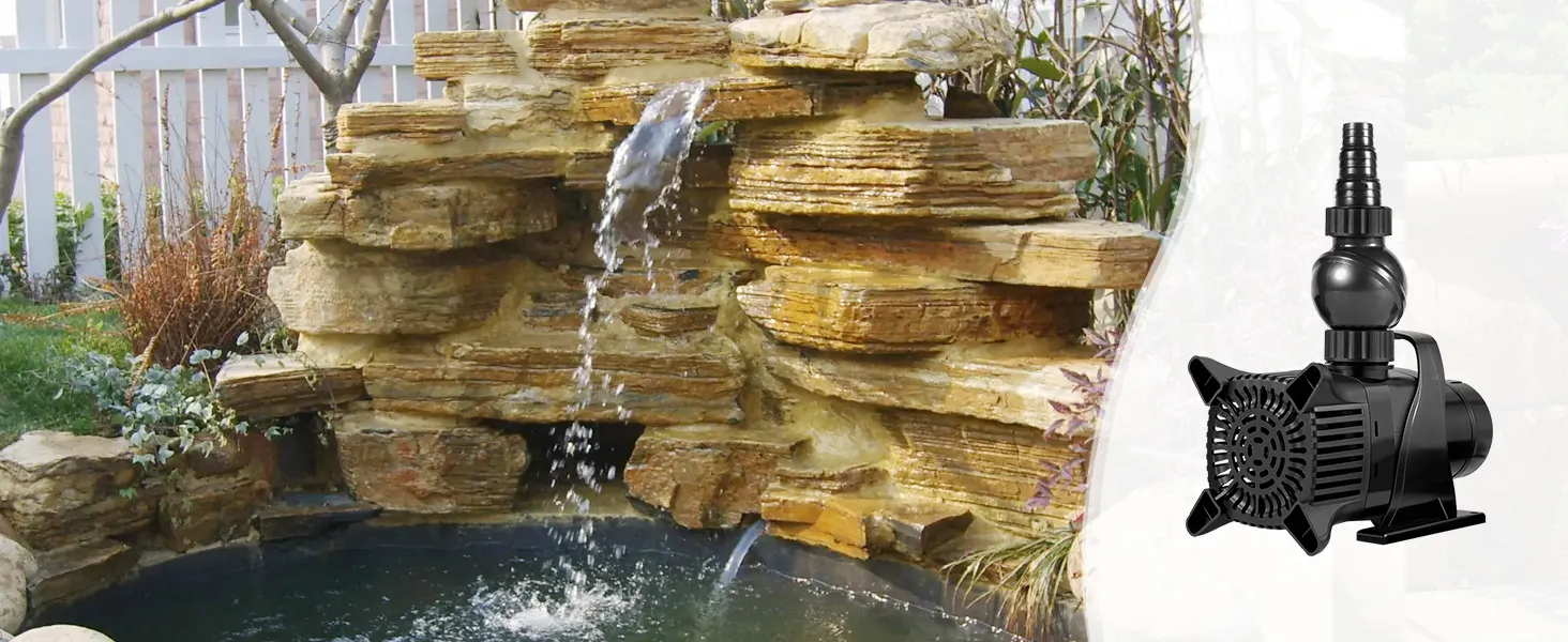 backyard waterfall with rock formation and VEVOR submersible water pump providing continuous flow.