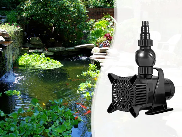 garden pond with waterfall, lush plants, and VEVOR submersible water pump displayed in the foreground.