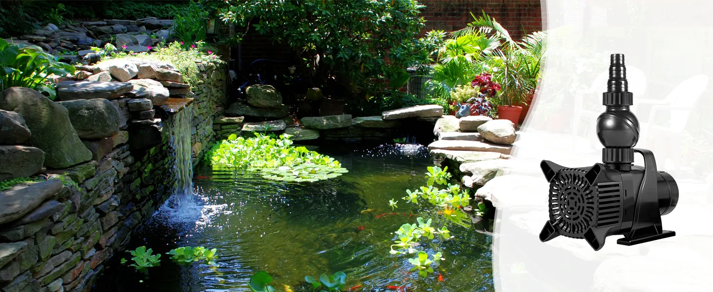 garden pond with waterfall, lush plants, and VEVOR submersible water pump displayed in the foreground.