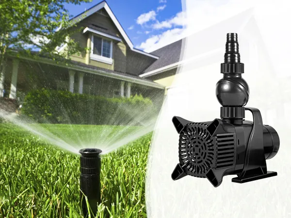 sprinkler system watering lawn with VEVOR submersible water pump in front of a suburban house.