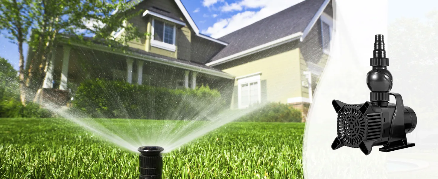 sprinkler system watering lawn with VEVOR submersible water pump in front of a suburban house.