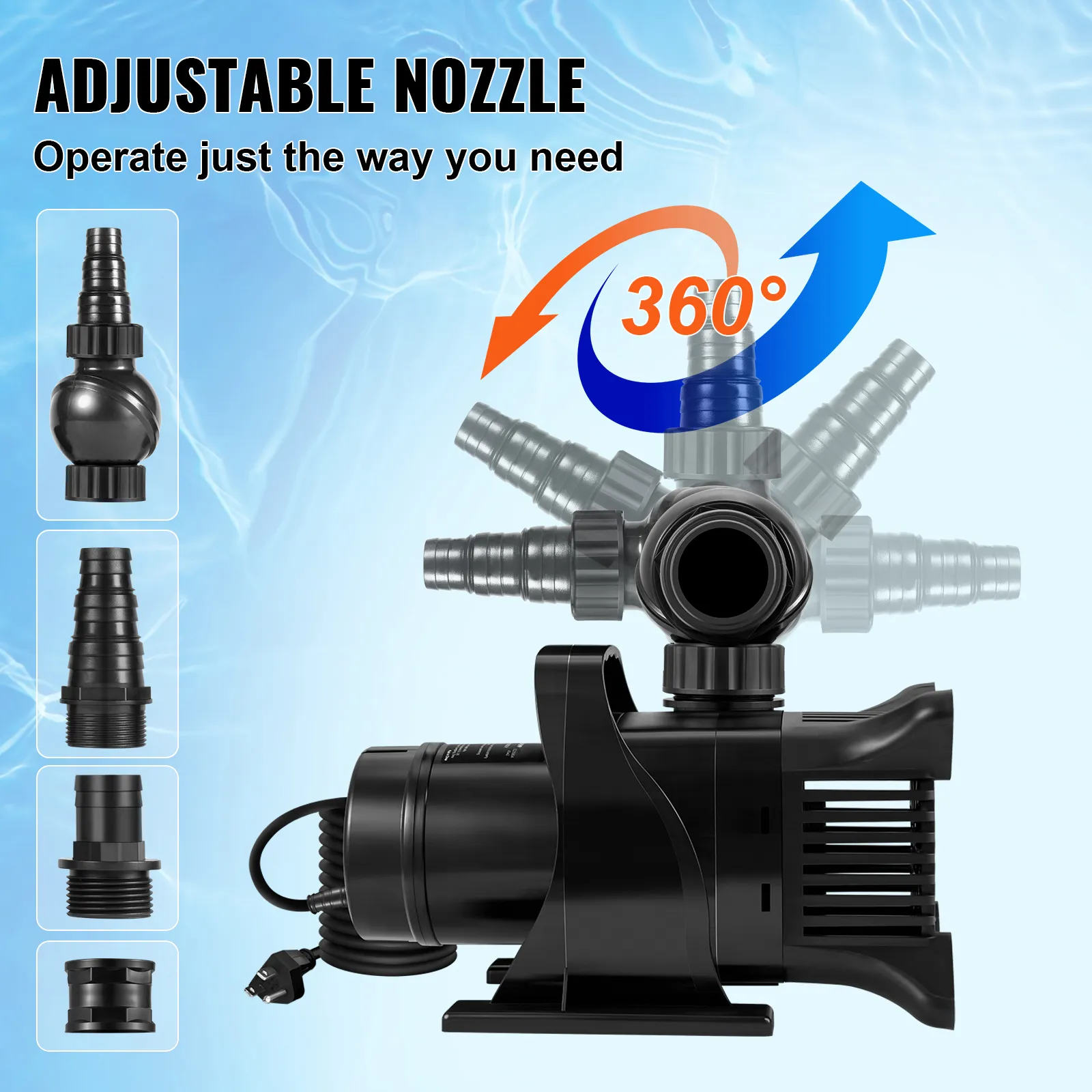 VEVOR submersible water pump with adjustable 360° nozzle and three included adapters.