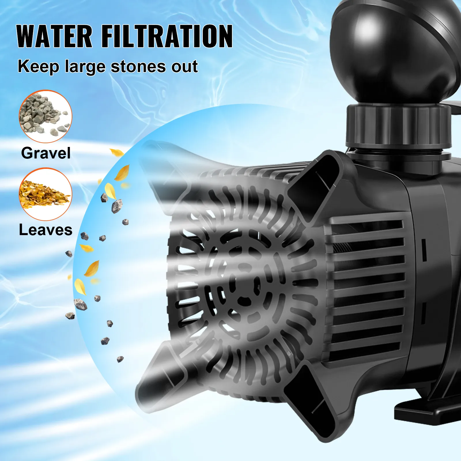 VEVOR submersible water pump showcasing filtration system keeping gravel and leaves out.