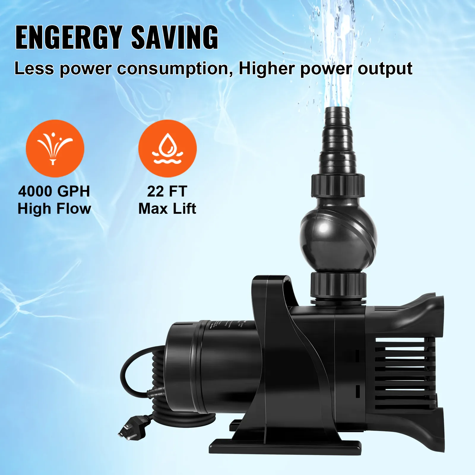 VEVOR submersible water pump with 4000 gph high flow and 22 ft max lift for energy saving.