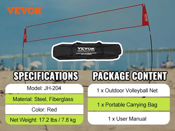 Red de entrenamiento de voleibol VEVOR instalada en la playa, con especificaciones y contenido del paquete mostrados.
