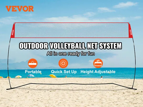 Red de entrenamiento de voleibol VEVOR en una playa soleada, que promueve la portabilidad, la instalación rápida y la capacidad de ajuste de altura.