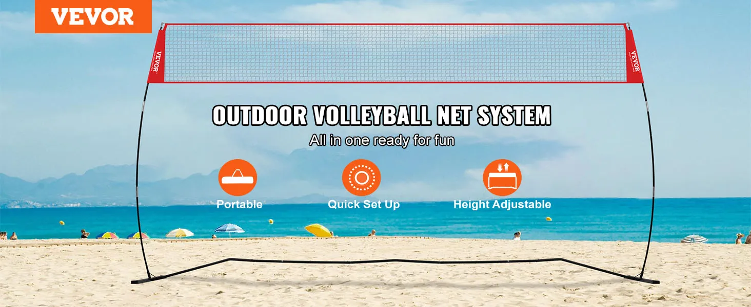 Red de entrenamiento de voleibol VEVOR en una playa soleada, que promueve la portabilidad, la instalación rápida y la capacidad de ajuste de altura.