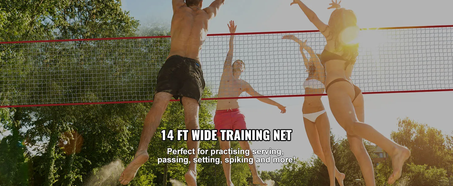 beach volleyball players practicing with a VEVOR volleyball training net under the sun.