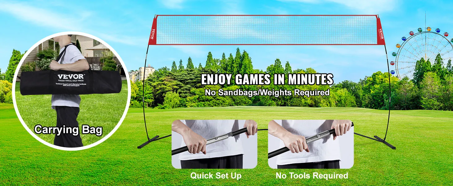 VEVOR volleyball training net on grass with carrying bag, showcasing quick set up and no tools required.