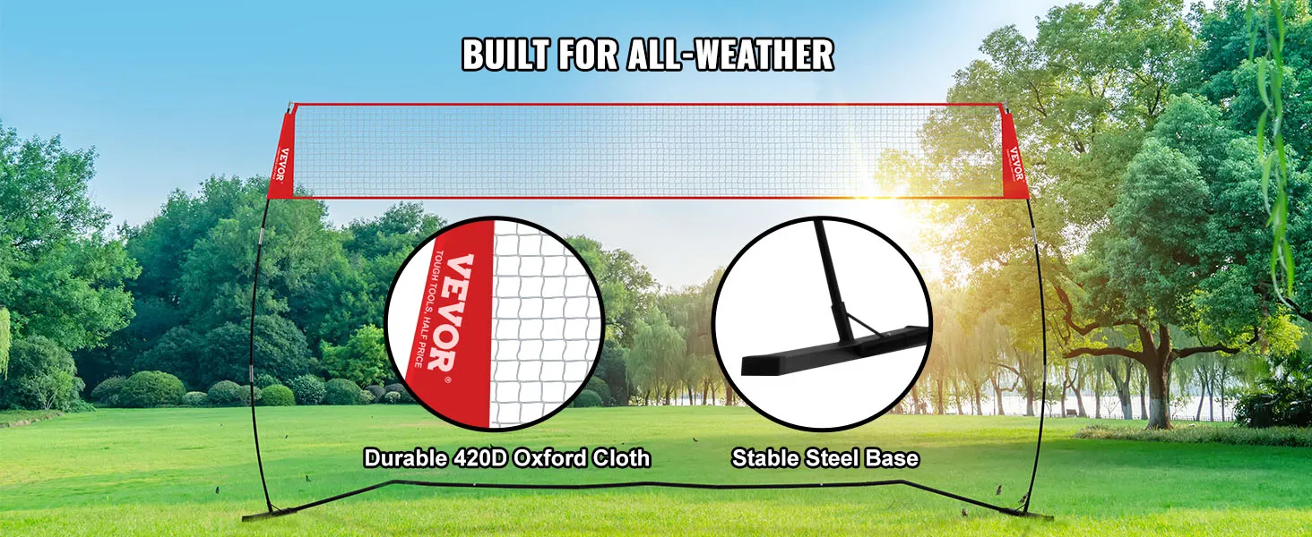 VEVOR volleyball training net in a park, featuring durable 420d oxford cloth and stable steel base.