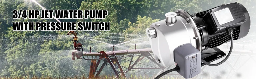 VEVOR jet pump with pressure switch in a lush green outdoor setting
