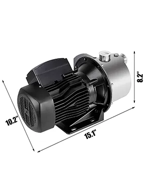 VEVOR jet pump with dimensions 15.1"x10.2"x8.2", featuring a black motor and silver body.