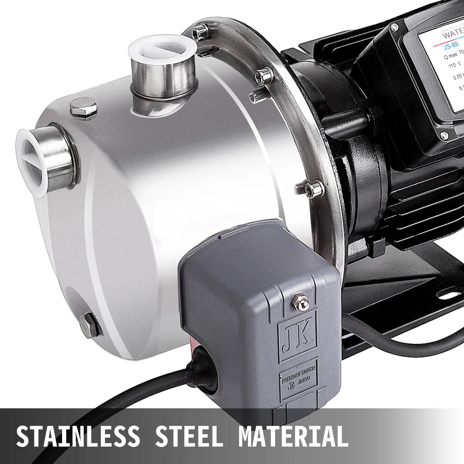 VEVOR jet pump in stainless steel with black motor and gray housing.