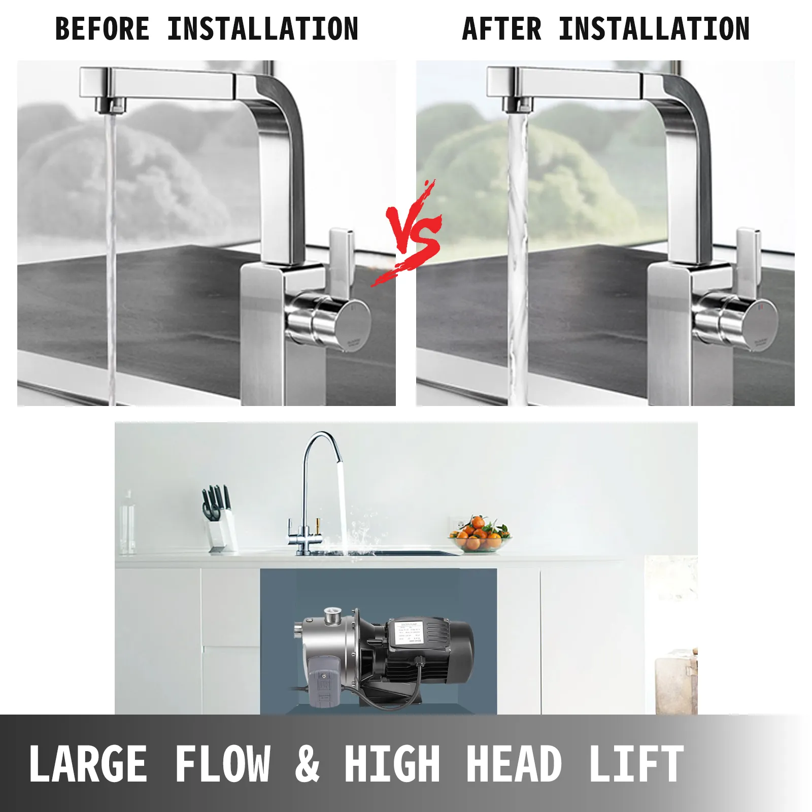 VEVOR jet pump increases faucet water flow; before and after installation comparison.