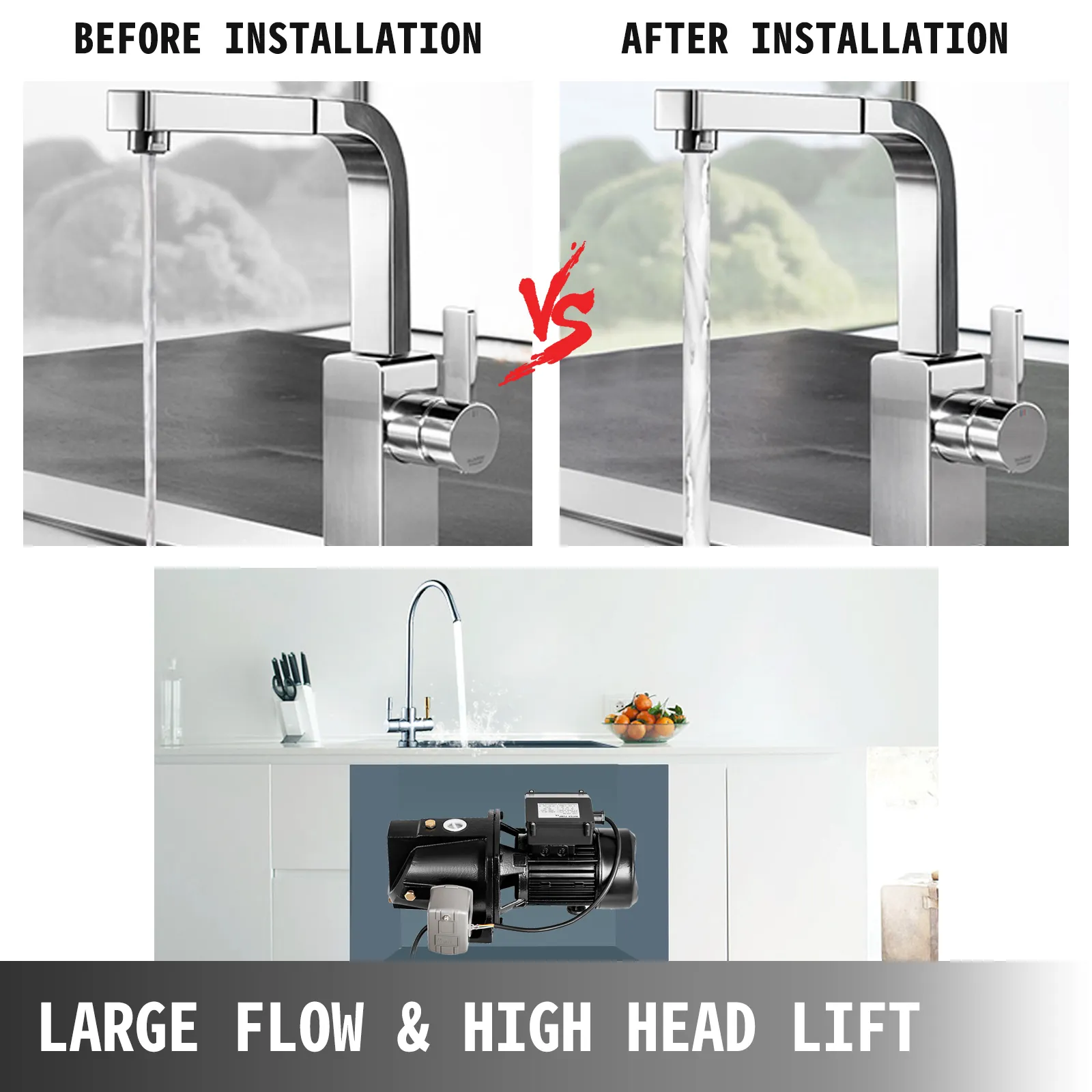 La instalación de la bomba de chorro para pozos poco profundos VEVOR mejora el flujo y la presión del agua en la cocina.