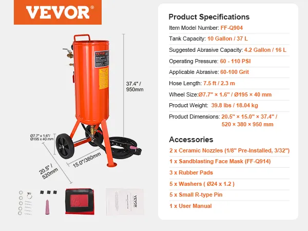 VEVOR 10 gallon sand blaster dimensions and accessories, including mask, nozzles, and specifications.
