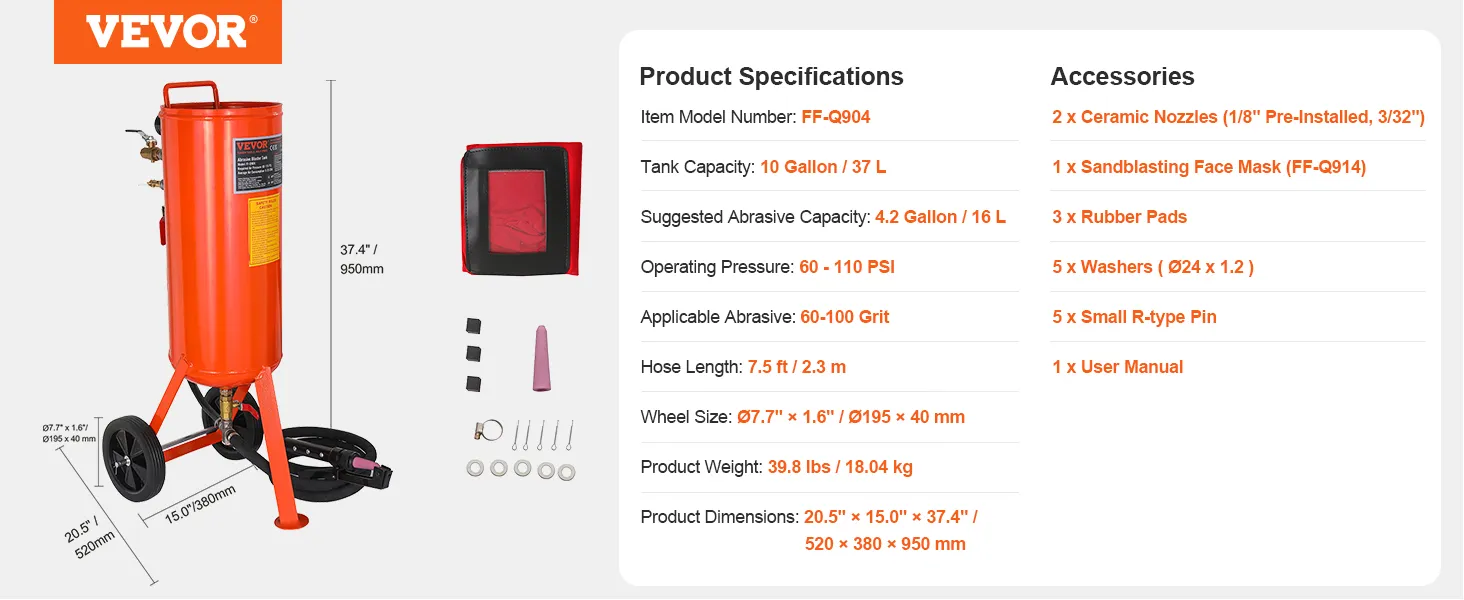 VEVOR 10 gallon sand blaster dimensions and accessories, including mask, nozzles, and specifications.
