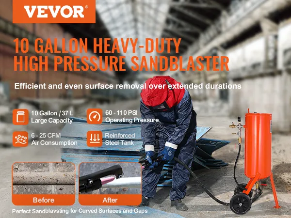 VEVOR 10 gallon sand blaster in use by worker, showing before and after sandblasting results.