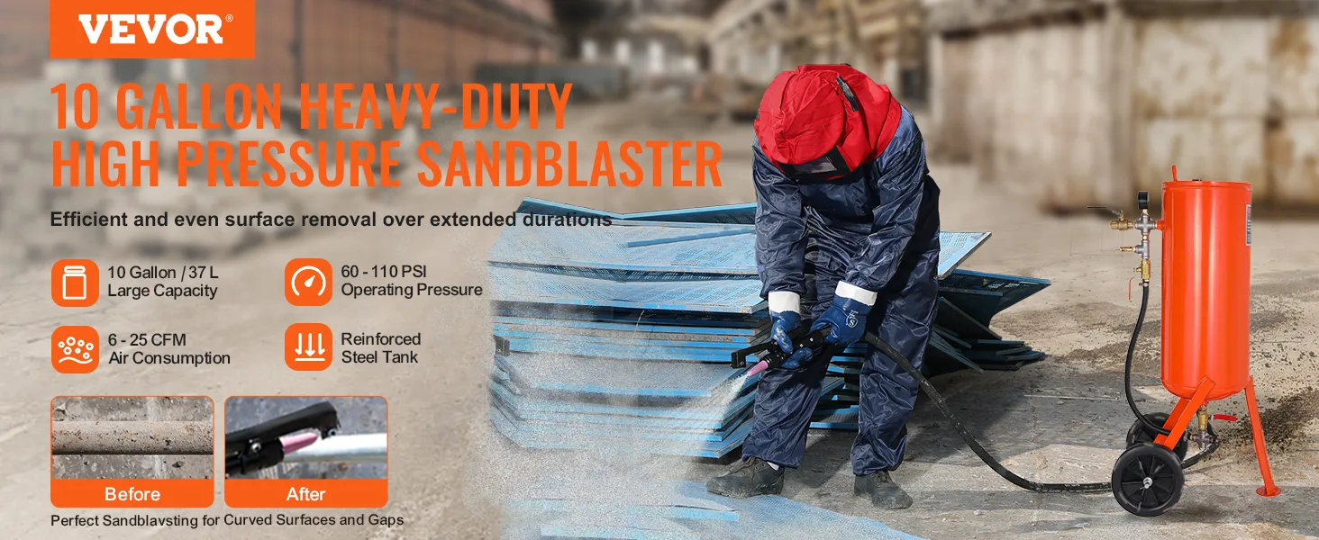 VEVOR 10 gallon sand blaster in use by worker, showing before and after sandblasting results.