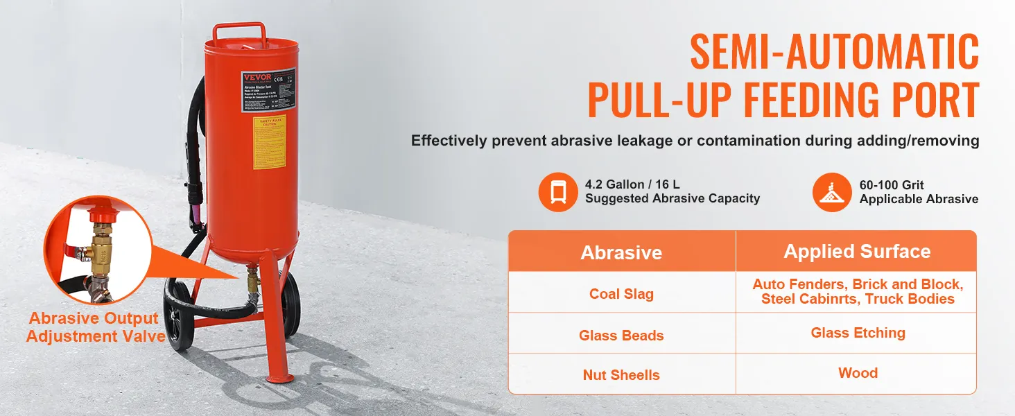 red VEVOR 10 gallon sand blaster features semi-automatic feed, abrasive valve, and usage guide.