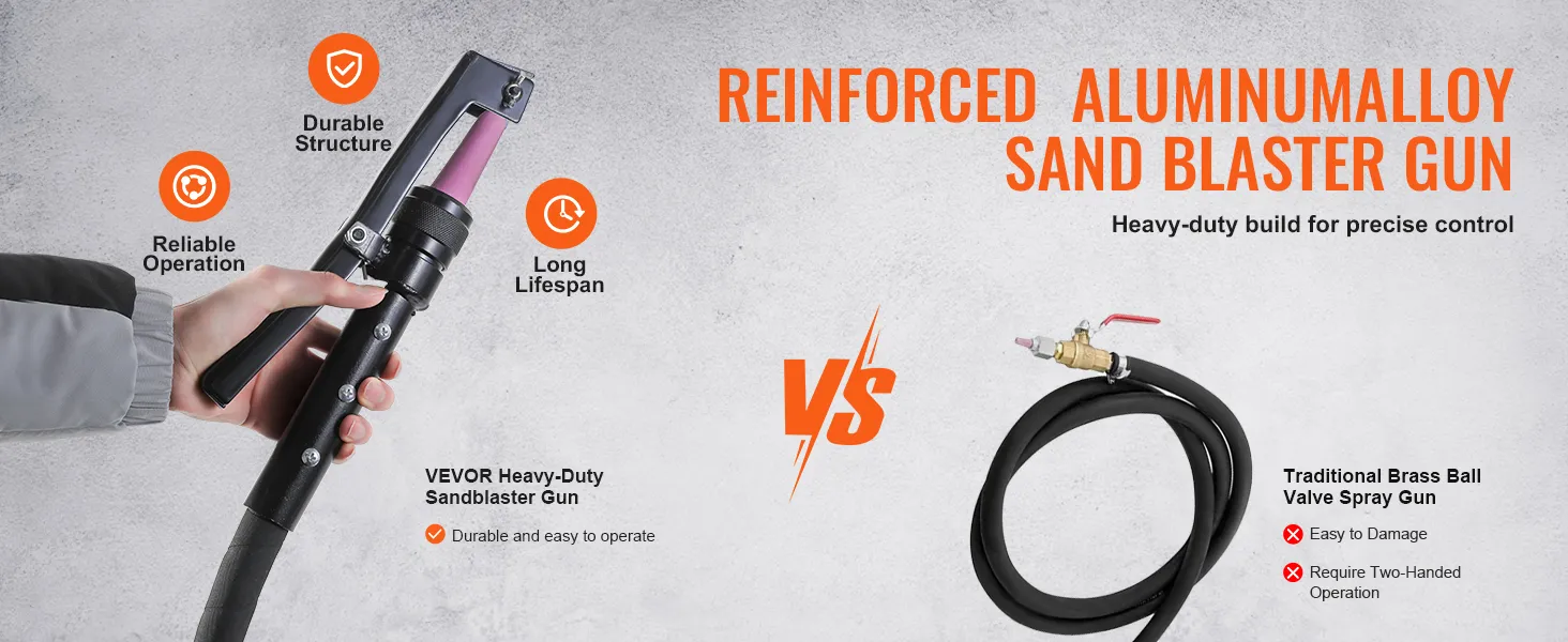 VEVOR 10 gallon sand blaster features and benefits vs. traditional brass ball valve spray gun.
