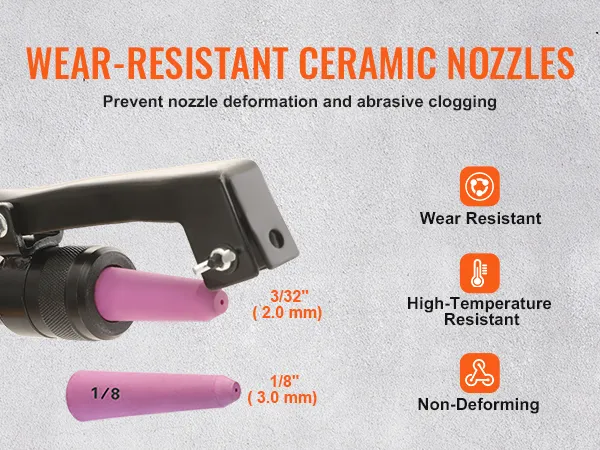 wear-resistant ceramic nozzles for VEVOR 10 gallon sand blaster, preventing deformation and clogging.