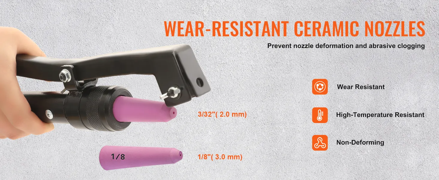 wear-resistant ceramic nozzles for VEVOR 10 gallon sand blaster, preventing deformation and clogging.