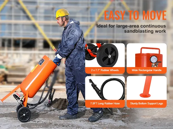 worker using VEVOR 10 gallon sand blaster with easy-to-move design, ideal for large-area sandblasting.