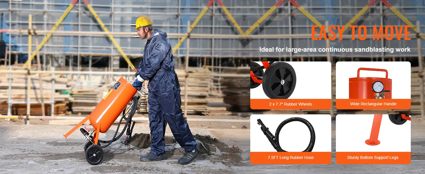 worker using VEVOR 10 gallon sand blaster with easy-to-move design, ideal for large-area sandblasting.