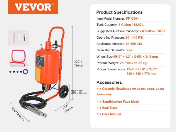 VEVOR zandstraler met 5-gallon tank, 60-110 psi, keramische sproeiers, gezichtsmasker, afdichtingstape en gebruikershandleiding.